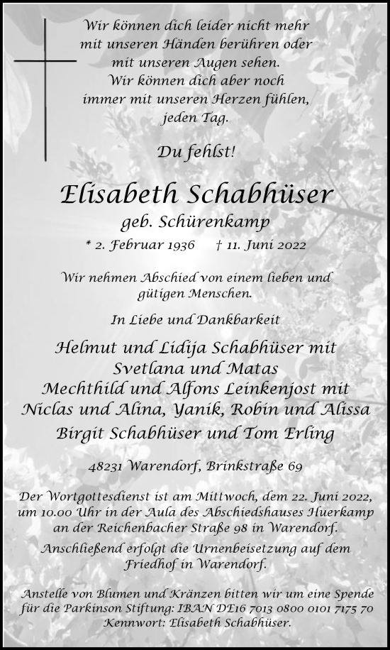 Traueranzeige von ECisabethElisabeth Schabhüser von Die Glocke