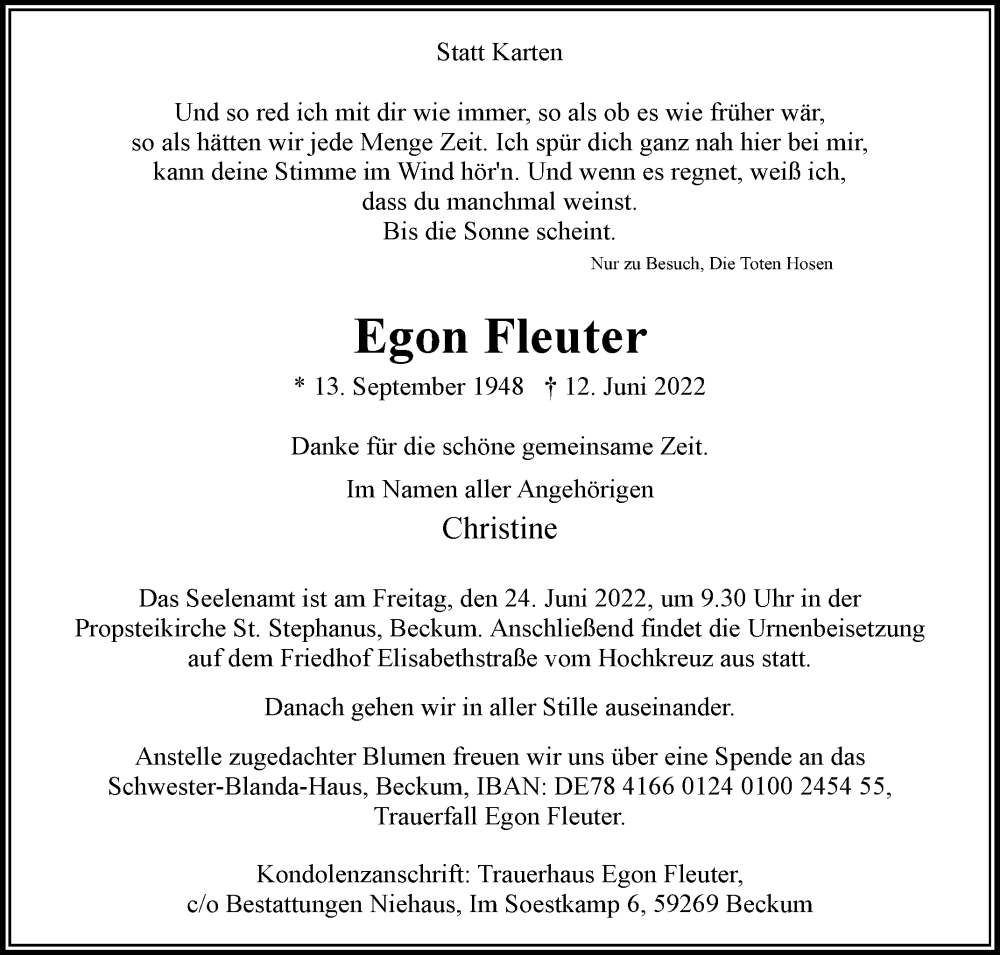  Traueranzeige für Egon Fleuter vom 18.06.2022 aus Die Glocke