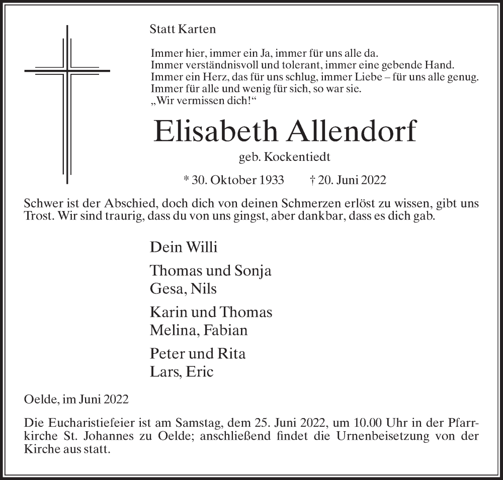  Traueranzeige für Elisabeth Allendorf vom 22.06.2022 aus Die Glocke