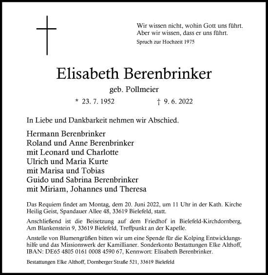 Traueranzeige von Elisabeth Berenbrinker von Die Glocke