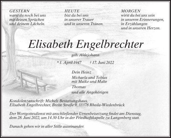 Traueranzeige von Elisabeth Engelbrechter von Die Glocke