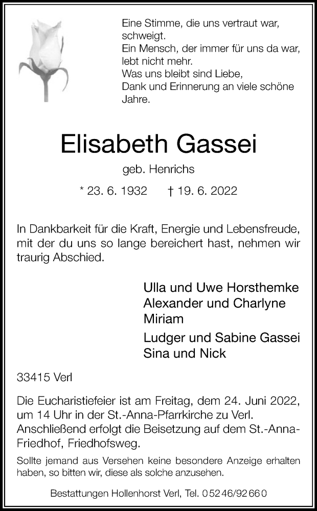  Traueranzeige für Elisabeth Gassei vom 22.06.2022 aus Die Glocke