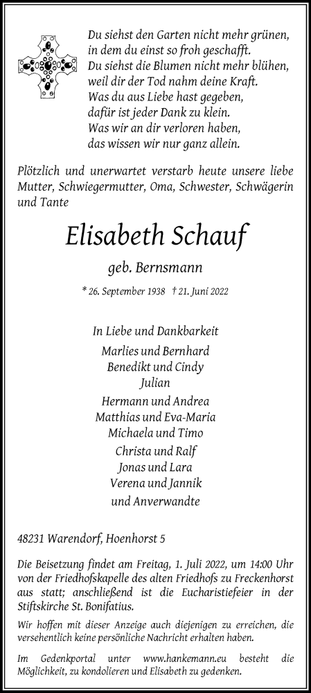  Traueranzeige für Elisabeth Schauf vom 29.06.2022 aus Die Glocke