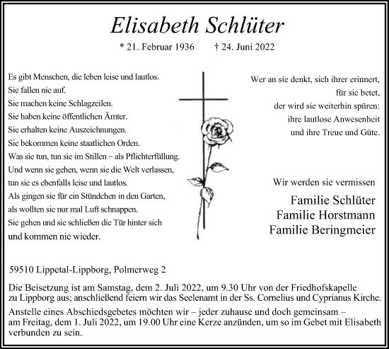 Traueranzeige von Elisabeth Schlüter von Die Glocke