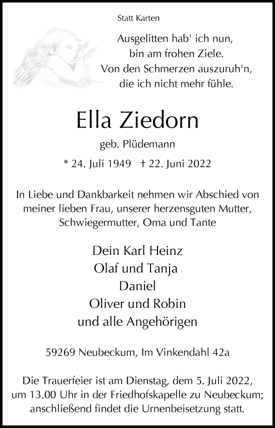 Traueranzeige von Ella Ziedorn von Die Glocke