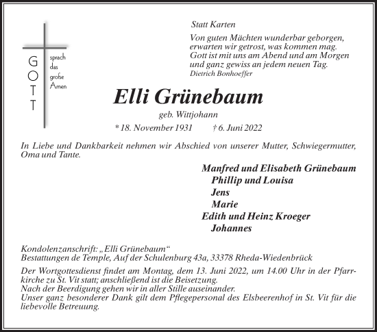 Traueranzeige von Elli Grünebaum von Die Glocke