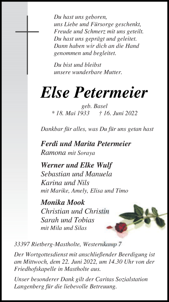  Traueranzeige für Else Petermeier vom 18.06.2022 aus Die Glocke
