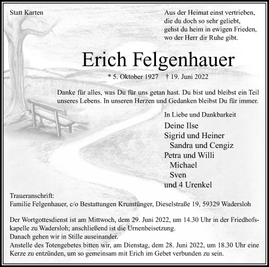 Traueranzeige von Erich Felgenhauer von Die Glocke