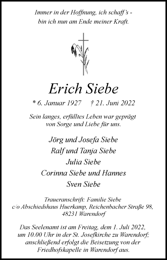 Traueranzeige von Erich Siebe von Die Glocke