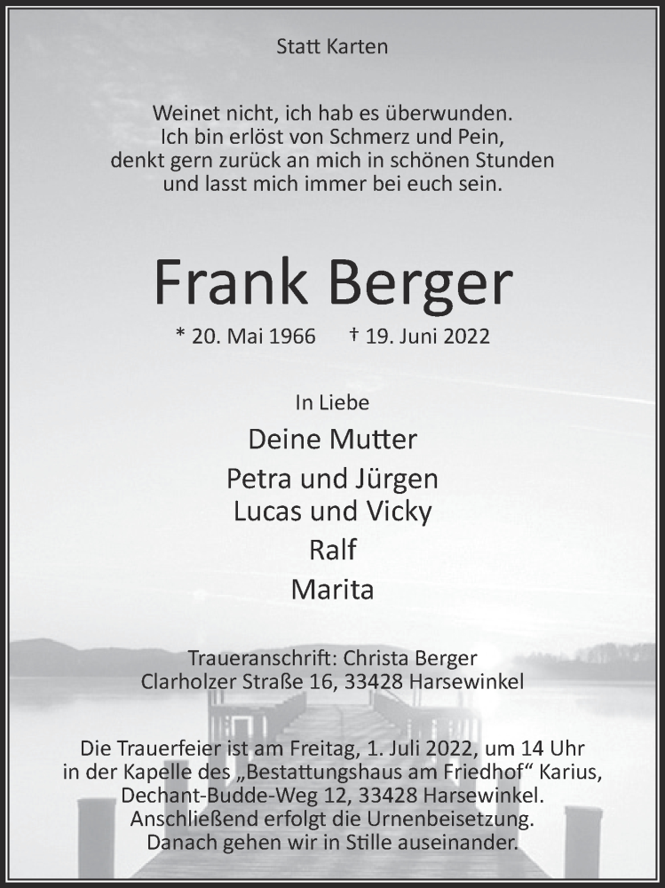  Traueranzeige für Frank Berger vom 25.06.2022 aus Die Glocke