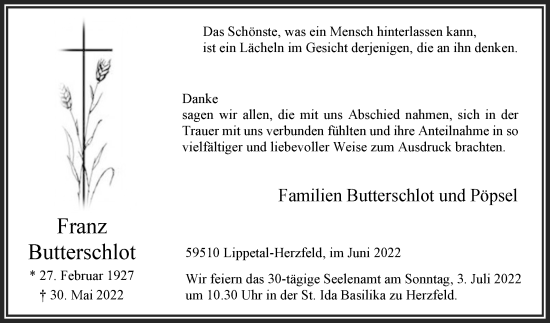 Traueranzeige von Franz Butterschlot von Die Glocke