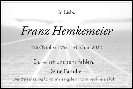 Traueranzeige von Franz Hemkemeier von Die Glocke