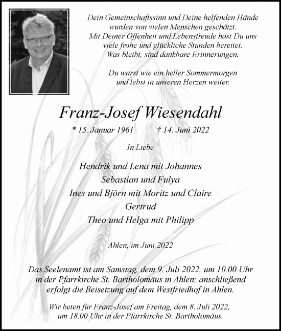 Traueranzeige von Franz-Josef Wiesendahl von Die Glocke