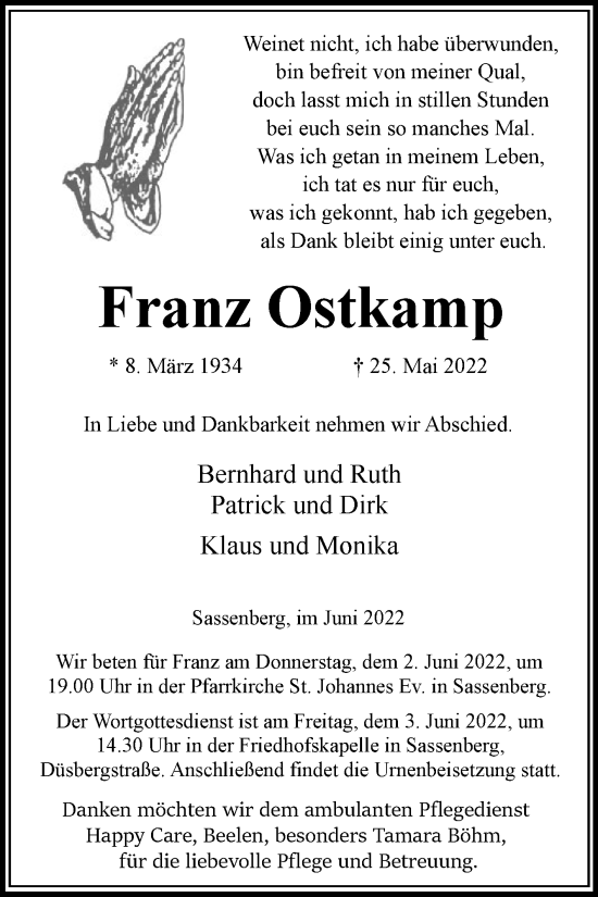 Traueranzeige von Franz Ostkamp von Die Glocke