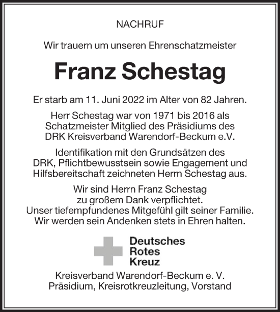 Traueranzeige von Franz Schestag von Die Glocke