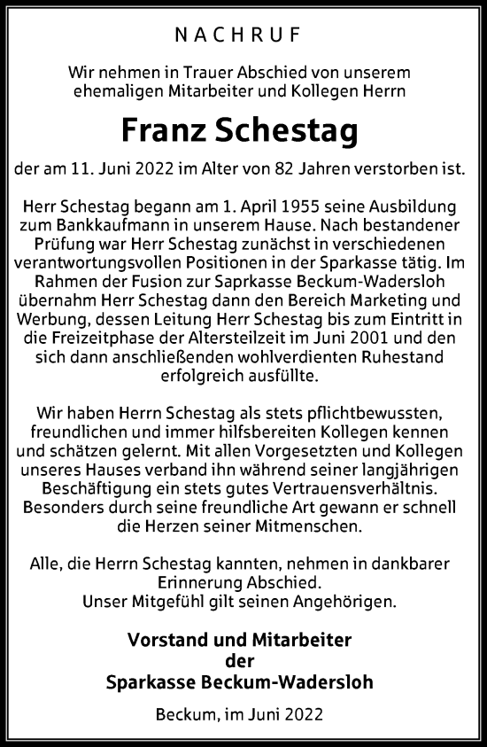 Traueranzeige von Franz Schestag von Die Glocke