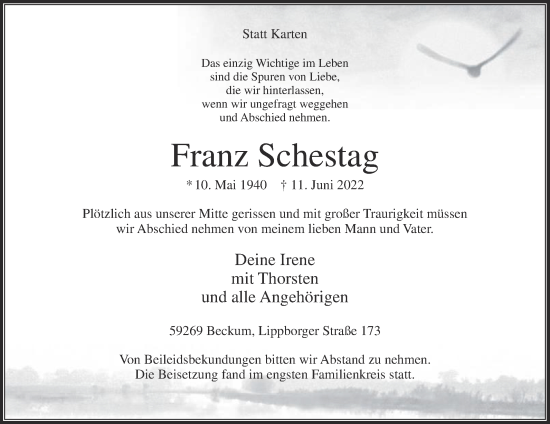 Traueranzeige von Franz Schestag von Die Glocke