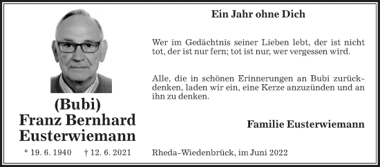 Traueranzeige von Franz Bernhard Eusterwiemann von Die Glocke