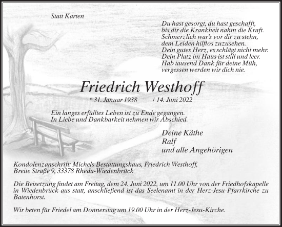 Traueranzeige von Friedrich Westhoff von Die Glocke