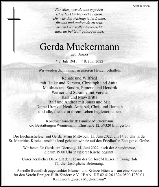Traueranzeige von Gerda Muckermann von Die Glocke