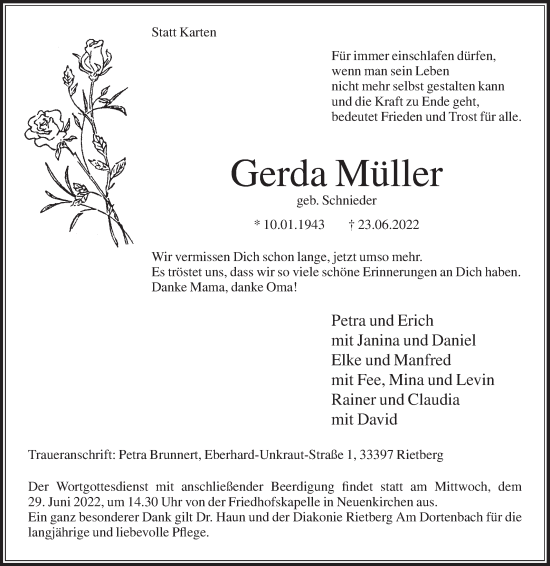 Traueranzeige von Gerda Müller von Die Glocke