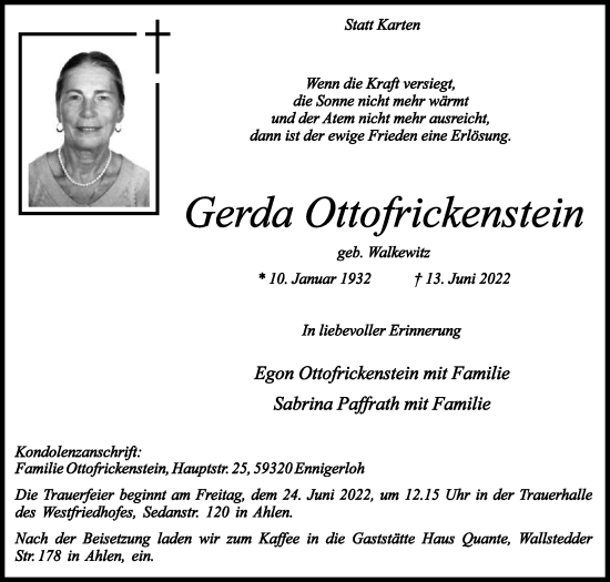 Traueranzeige von Gerda Ottofrickenstein von Die Glocke