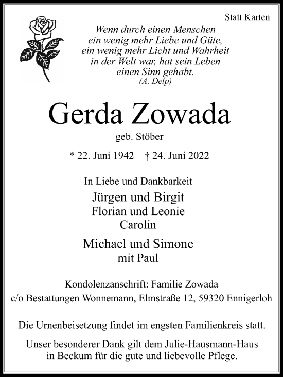 Traueranzeige von Gerda Zowada von Die Glocke