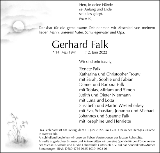 Traueranzeige von Gerhard Falk von Die Glocke