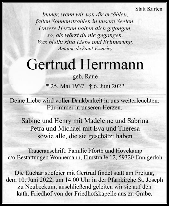 Traueranzeige von Gertrud Herrmann von Die Glocke