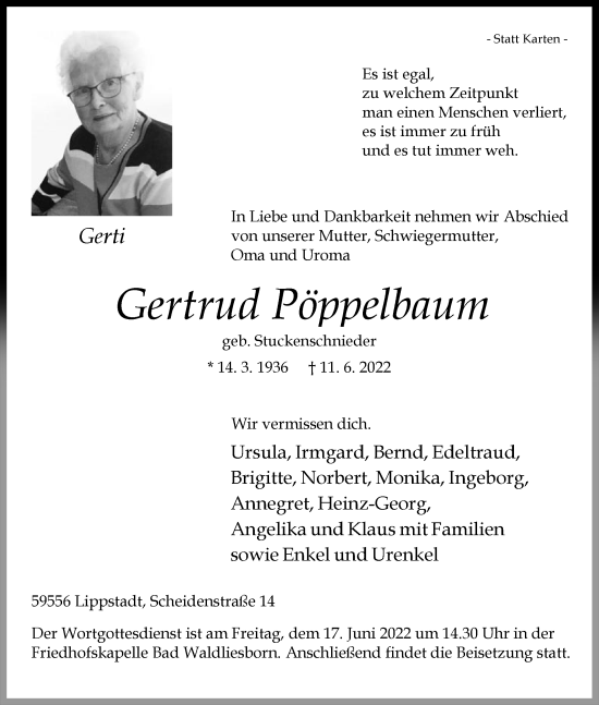 Traueranzeige von Gertrud Pöppelbaum von Die Glocke