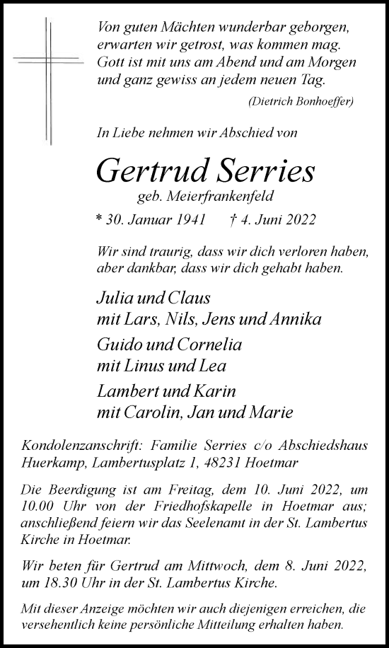 Traueranzeige von Gertrud Serries von Die Glocke