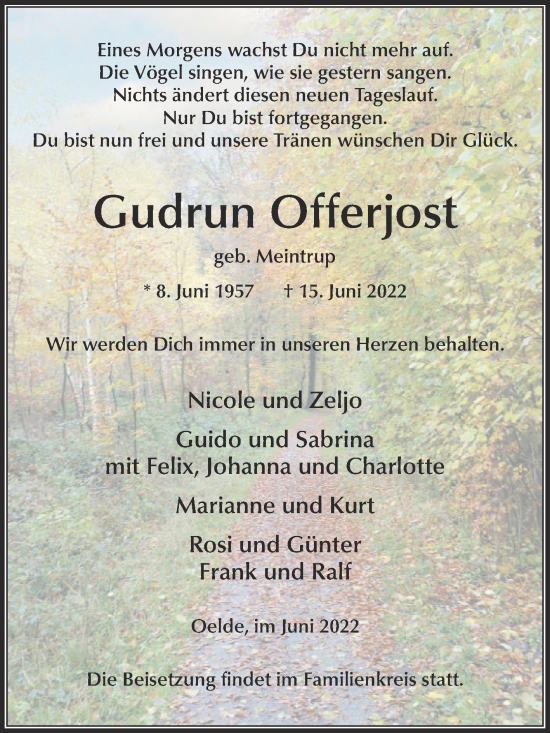 Traueranzeige von Gudrun Offerjost von Die Glocke