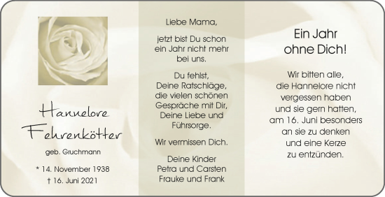 Traueranzeige von Hannelore Fehrenkötter von Die Glocke