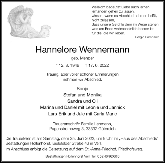 Traueranzeige von Hannelore Wennemann von Die Glocke