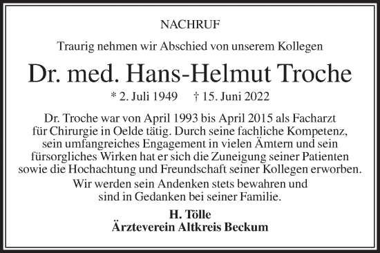 Traueranzeige von Hans-Helmut Troche von Die Glocke