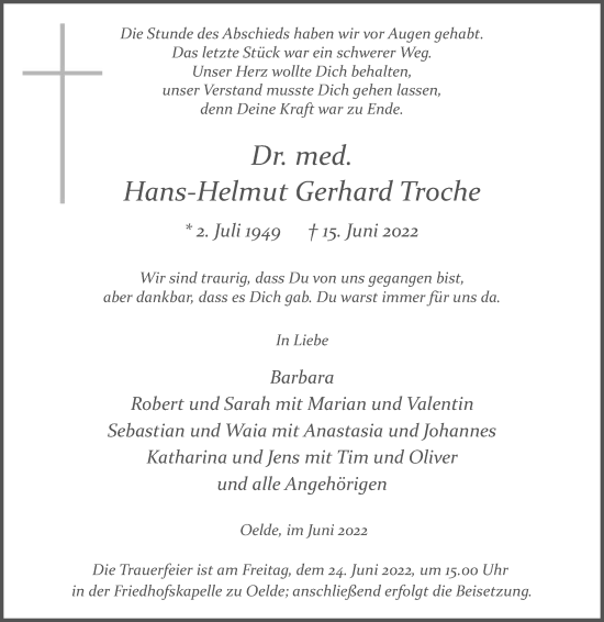 Traueranzeige von Hans-Helmut Gerhard Troche von Die Glocke