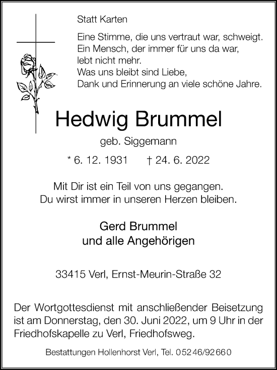 Traueranzeige von Hedwig Brummel von Die Glocke