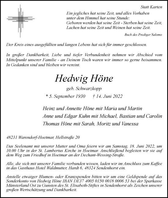 Traueranzeige von Hedwig Höne von Die Glocke