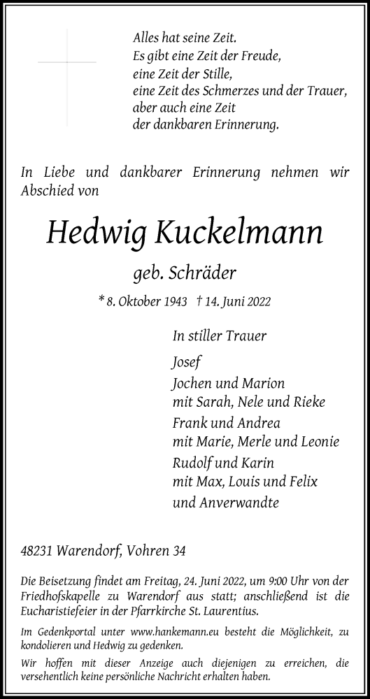Traueranzeige von Hedwig Kuckelmann von Die Glocke