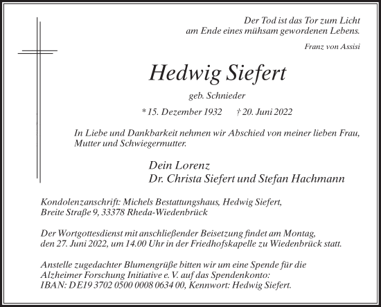 Traueranzeige von Hedwig Siefert von Die Glocke