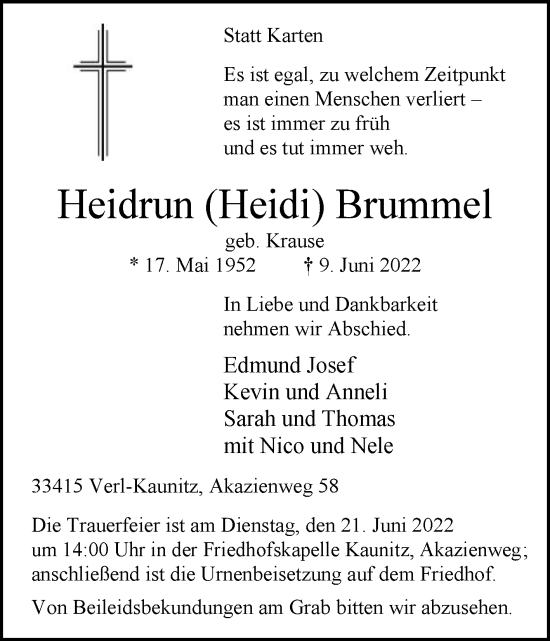 Traueranzeige von Heidrun Brummel von Die Glocke
