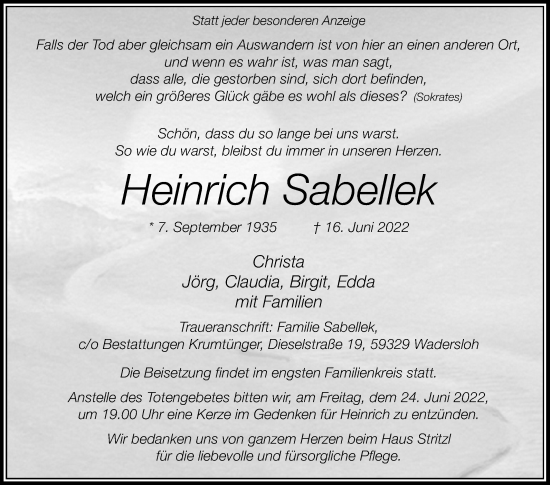 Traueranzeige von Heinrich Sabellek von Die Glocke