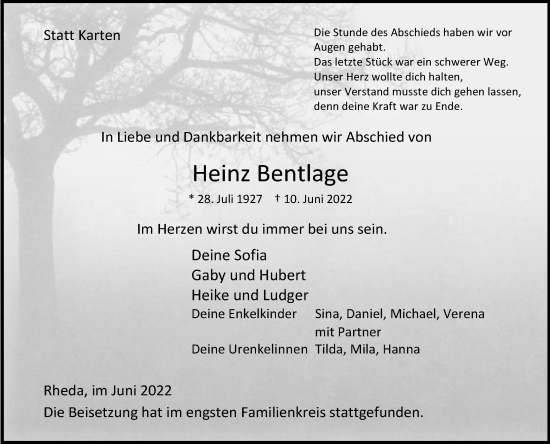 Traueranzeige von Heinz Bentlage von Die Glocke
