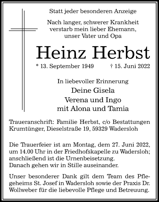 Traueranzeige von Heinz Herbst von Die Glocke