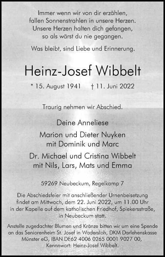 Traueranzeige von Heinz-Josef Wibbelt von Die Glocke