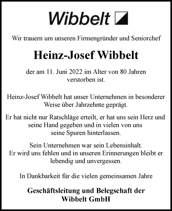 Traueranzeige von Heinz-Josef Wibbelt von Die Glocke