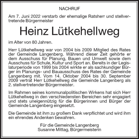 Traueranzeige von Heinz Lütkehellweg von Die Glocke