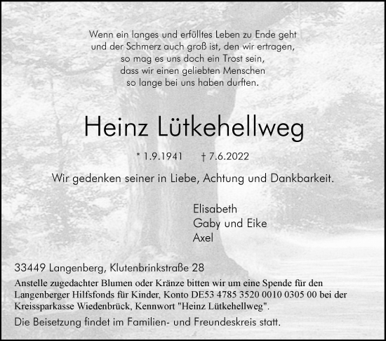 Traueranzeige von Heinz Lütkehellweg von Die Glocke