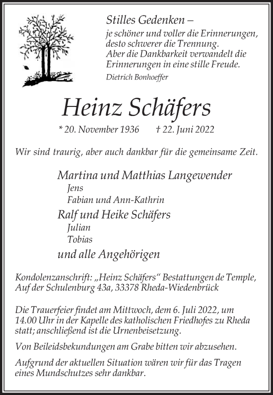 Traueranzeige von Heinz Schäfers von Die Glocke