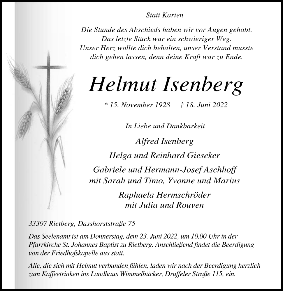  Traueranzeige für Helmut Isenberg vom 21.06.2022 aus Die Glocke
